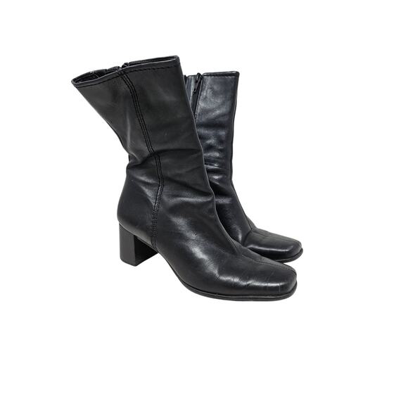 Vintage Y2K 6.5 Black Leather Square Toe Minimalist Whimsygoth Boot Grunge - Picture 2 of 6
